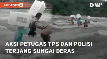 Petugas TPS dan polisi di Maros, Sulsel, menerjang sungai deras. Aksi itu untuk mengantarkan logistik Pemilu 2024