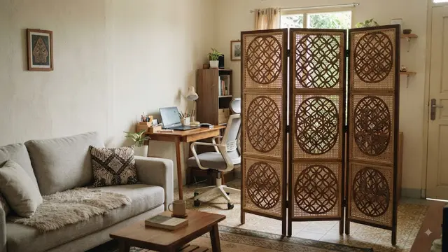 Ide pembatas ruangan untuk rumah kecil menggunakan sketsel berbagai motif unik model motif lingkaran untuk di ruang kerja