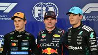Tiga pembalap yang finis tiga besar pada kualifikasi F1 GP Arab Saudi 2025. Dari kiri ke kanan: Oscar Piastri, Max Verstappen, dan George Russell. (Giuseppe CACACE / AFP)