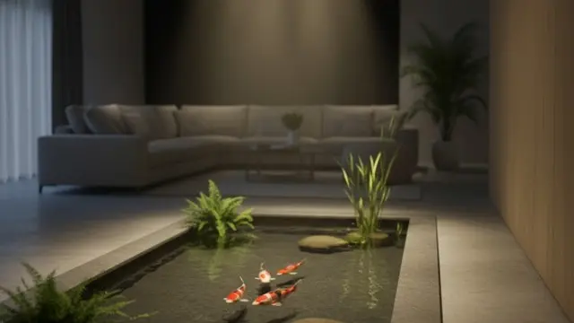 Kolam Ikan Minimalis dengan Lampu Taman yang Hangat (Image by Gemini AI)