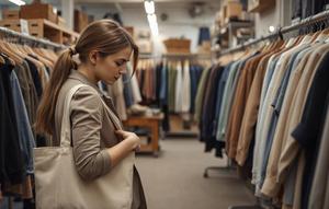 Ilustrasi wanita muda berbelanja di toko barang bekas, dengan hati-hati memeriksa jaket bekas. Membeli baju bekas atau sering disebut thrift bisa menjadi salah satu contoh penerapan hidup frugal Living. (Foto by AI)