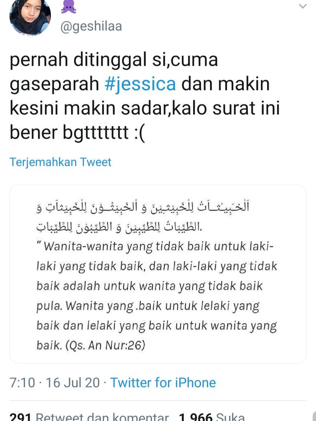 Unggahan soal Jessica Jane. (Foto: Dok. Twitter @geshilaa)