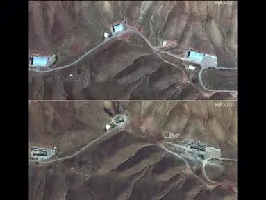 Kombinasi gambar yang dibuat pada 17 Juni 2025 dengan menggunakan citra satelit yang dirilis oleh Maxar Technologies ini menunjukkan bangunan penyimpanan di fasilitas rudal Tabriz di Tabriz, Iran, pada 29 Mei 2025 (atas) dan pada 17 Juni 2025 setelah dihantam serangan udara Israel. (Foto oleh Citra satelit ©2025 Maxar Technologies/AFP)