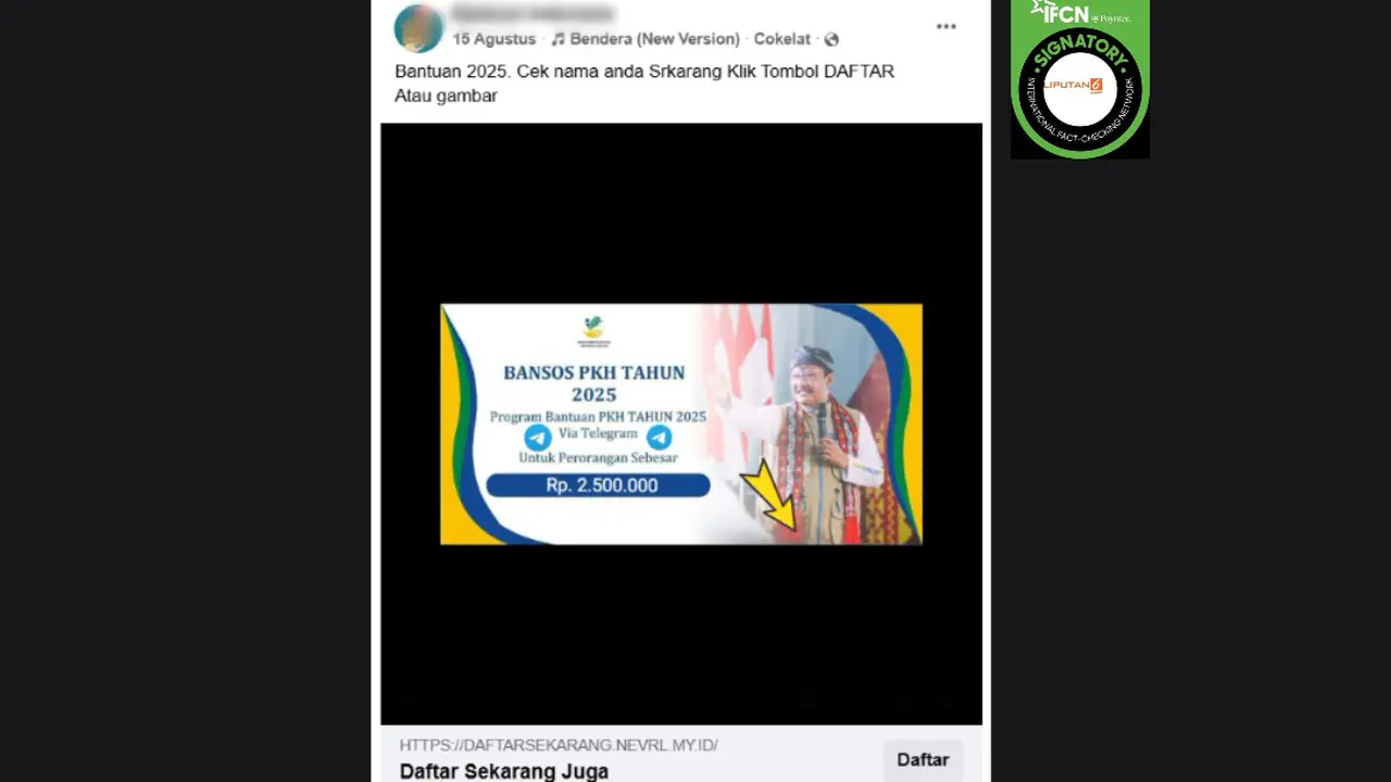 Tangkapan layar klaim link pendaftaran bansos PKH 2025 via Telegram yang beredar di Facebook.