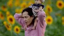 Kazushi Okada membawa putrinya mengunjungi ladang bunga matahari di Grinter Farms, dekat Lawrence, Kansas, 8 September 2018. Ladang bunga Matahari itu menarik wisatawan pada akhir pekan selama musim panas saat bunga bermekaran. (AP Photo/Charlie Riedel)