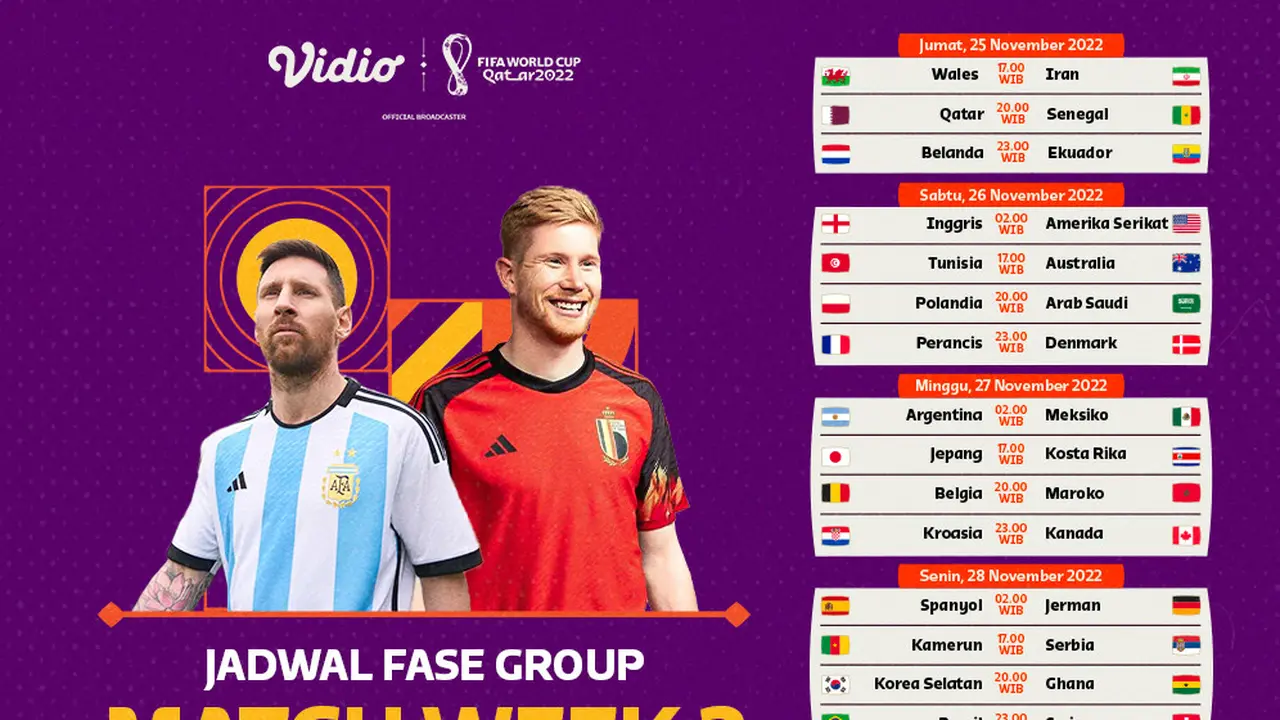Saksikan Live Streaming Piala Dunia 2022 Matchweek 2 di Vidio, 25-28 November 2022