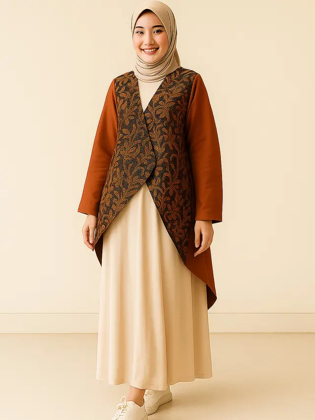 Model Cardigan Batik Asimetris/Ilustrasi Gambar AI