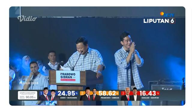 Capres dan Cawapres nomor urut 02 Prabowo Subianto-Gibran Rakabuming Raka saat pidato dan deklarasi kemenangan hasil sementara quick count Pemilu 2024 di Istora Senayan, Rabu (14/2/2024).