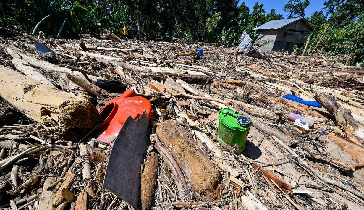 Lokasi penemuan satwa itu berada di daerah terisolasi akibat banjir bandang luapan Sungai Meureudu, hanya bisa diakses dengan berjalan kaki sekitar dua jam. Tampak dalam foto, pemandangan umum menunjukkan puing-puing di area terdampak banjir di Meureudu, Kabupaten Pidie Jaya, Provinsi Aceh, pada 30 November 2025. (CHAIDEER MAHYUDDIN/AFP)