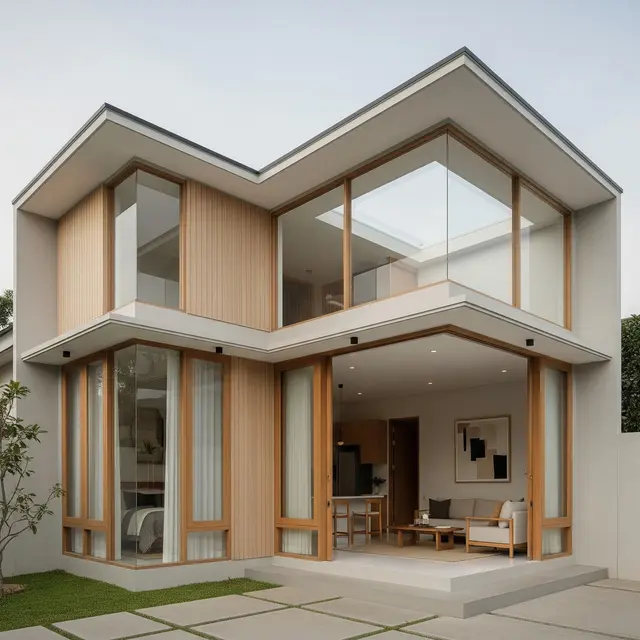 Desain Rumah Kecil tapi Luas dengan Atap Rata dan Langit-Langit Terbuka