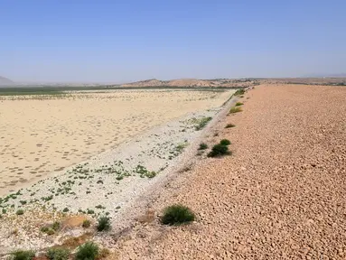 Foto pada 13 Juli 2017 memperlihatkan kondisi bendungan El-Haouareb yang mengalami kekeringan di dekat Kairouan, sekitar 160 km selatan Tunis, Tunisia. Wilayah ini mengalami kekeringan parah yang disebabkan oleh kemarau berkepanjangan. (FETHI BELAID/AFP)