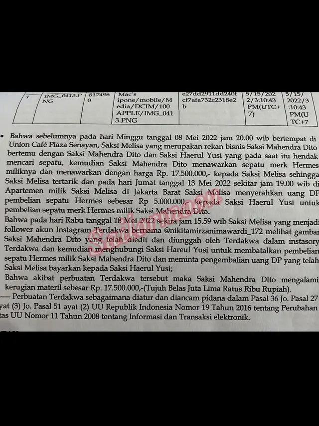 Berkas perkara Nikita Mirzani atas laporan Dito Mahendra. (Foto: Dok. Instagram @sailormoon.niscala)