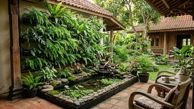 Teras Rumah dengan Tanaman Suplir dan Kolam Mini/AI Generated