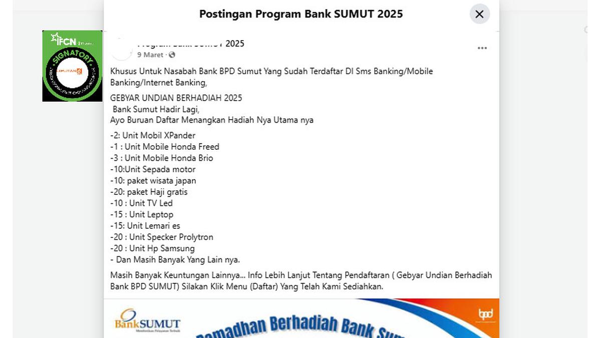 Cek Fakta: Tidak Benar Klaim Link Pendaftaran Gebyar Undian Berhadiah 2025 BPD Sumut