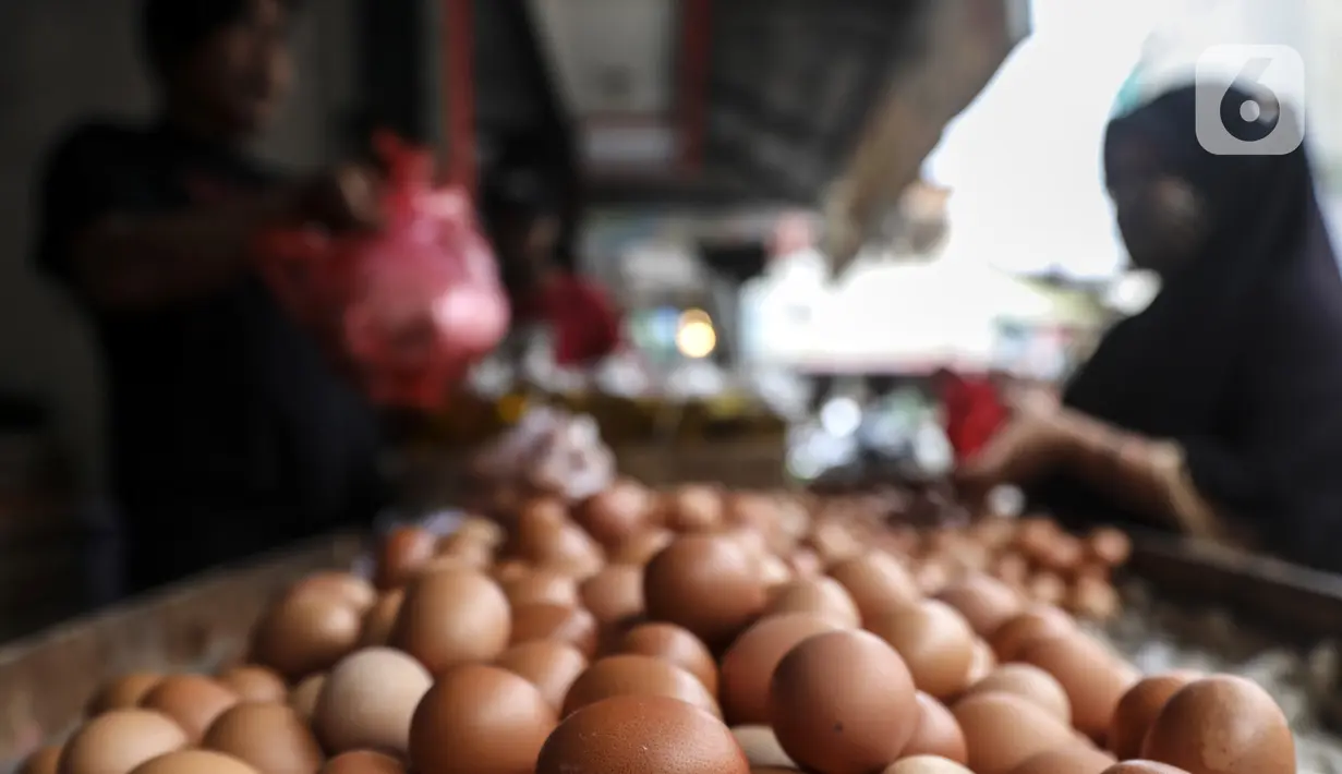 Tumpukan telur ayam terlihat saat penjual melayani pembeli di toko kawasan Cirendeu, Jakarta Selatan, Selasa (7/6/2022). Berdasarkan harga rata-rata nasional PIHPS, harga telur ayam naik Rp 200 menjadi Rp 28.750 per kg. (Liputan6.com/Johan Tallo)