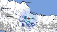 Gempa dangkal Magnitudo 3,8 menggetarkan wilayah Kabupaten Kuningan, Jabar, Kamis (22/12/2022). (Liputan6.com/ BMKG)
