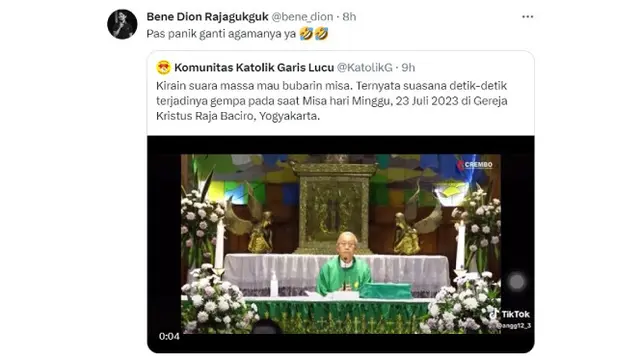 Viral Detik-Detik Gempa Mengguncang DI Yogyakarta Saat Misa di Gereja Kristus Raja Baciro Tengah Berlangsung. Dari Video yang Viral Terdengar Teriakan Takbir 'Allahu Akbar' Berkali-Kali. Namun, Tidak Jelas Apakah Itu Berasal dari Umat atau Bukan