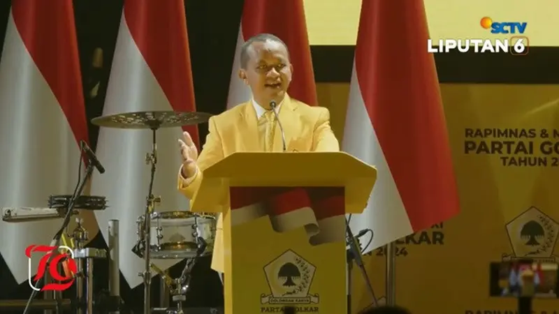 Ketua Umum Partai Golkar Bahlil Lahadalia Saat Berpidato di Rapat Pimpinan Nasional (Rapimnas) dan Musyawarah Nasional (Munas) XI Partai Golkar, Jakarta Convention Center (JCC) Senayan, Rabu (21/8/2024).  (YouTube Liputa6)