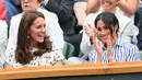 Kate Middleton dan Meghan Markle akhirnya tampil bersaa di pertandingan tenis perempuan, Wimbledon. (Getty Images - Karwai Tang/Comsopolitan)