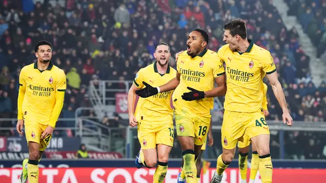 Selebrasi Christopher Nkunku (kedua dari kanan) di laga Bologna vs AC Milan di pekan ke-23 Liga Italia 2025/2026 di Renato Dall'Ara, Rabu (04/02/2026) dini hari WIB.