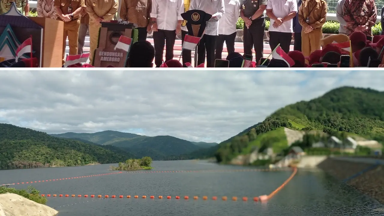 Jokowi ke Konawe bersama menteri dan pejabat PUPR, meresmikan Bendungan Ameroro di Kecamatan Uepai.