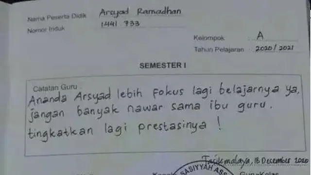 6 Catatan Wali Kelas di Rapor Siswa Ini Bikin Senyum Tipis