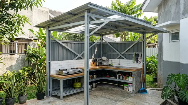 Dapur Minimalis dengan Kanopi Baja Ringan & Dinding Semi-Tertutup