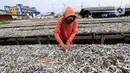 Pekerja menjemur ikan asin di Jakarta, Minggu (6/2/2022). Pengusaha ikan asin di daerah tersebut mengaku mengurangi produksinya karena permintaan pasar sedang turun dan terkendala proses pengeringan akibat curah hujan. (Liputan6.com/Angga Yuniar)