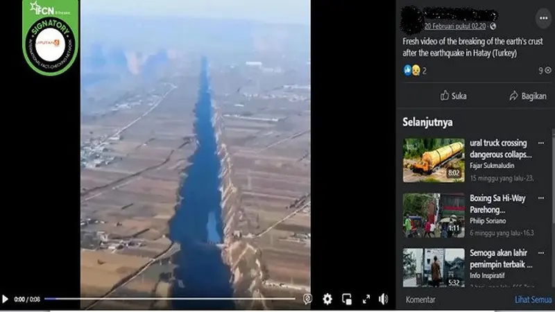 Gambar Tangkapan Layar Video yang Diklaim Patahan Kerak Bumi Terbentuk Usai Gempa Mengguncang Hatay, Turki (sumber: Facebook).