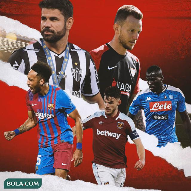 Ilustrasi - Pierre-Emerick Aubameyang, Diego Costa, Ivan Rakitic, Declan Rice, Kalidou Koulibaly