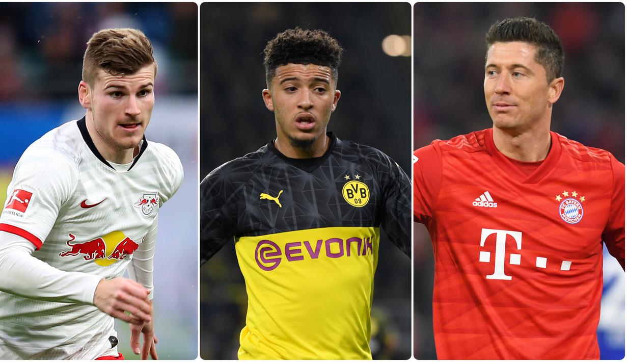Persaingan memperebutkan gelar pencetak gol terbanyak atau top skor di kompetisi Bundesliga sangat ketat. Berikut daftar top skor sementara kompetisi Bundesliga 2019/2020. (kolase foto AFP)