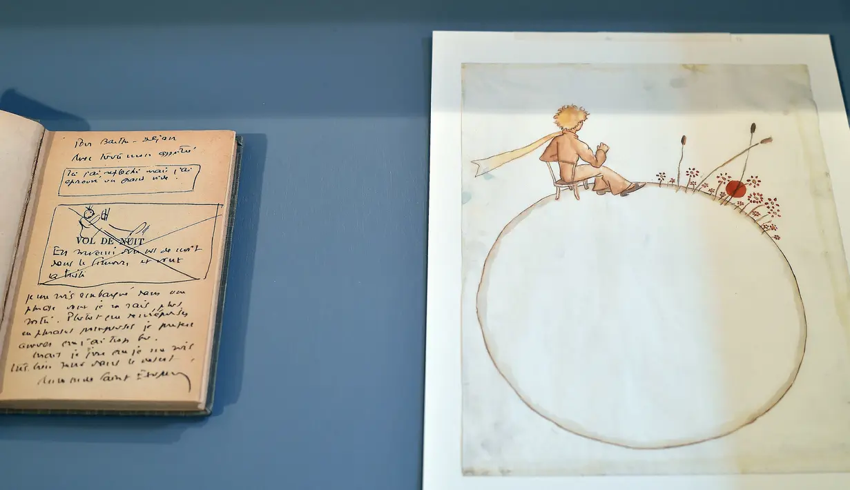 Lukisan cat air dari 'The Little Prince' karya Antoine de Saint-Exupery di Balai Lelang Artcurial Paris, 17 Mei 2017. Gambar ukuran A4 yang menunjukkan tokoh anak-anak sedang menyaksikan matahari tenggelam terjual sekitar Rp4,37 miliar. (REMY GABALDA/AFP)