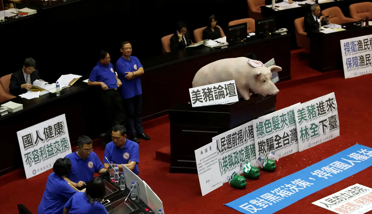 Sebuah boneka babi ditempatkan di ruang legislatif untuk menentang kebijakan impor daging babi di Taipei , Taiwan 31 Mei 2016. Boneka babi tersebut diletakkan oleh legislator Kuomintang. (REUTERS / Tyrone Siu)