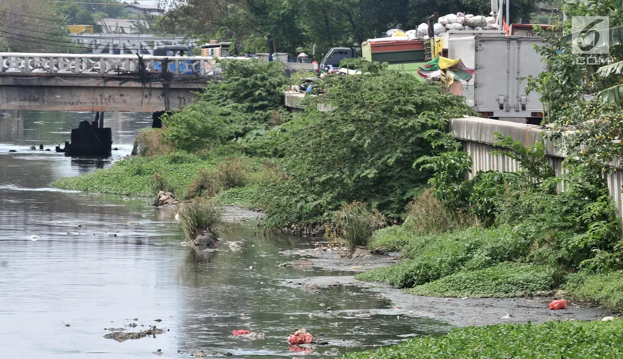 Penampakan Kali Besar Timur, kawasan Kota Tua, Jakarta, Minggu (30/9). Kali Besar Timur terlihat dipenuhi sampah dan semak belukar. (Merdeka.com/Iqbal Nugroho)