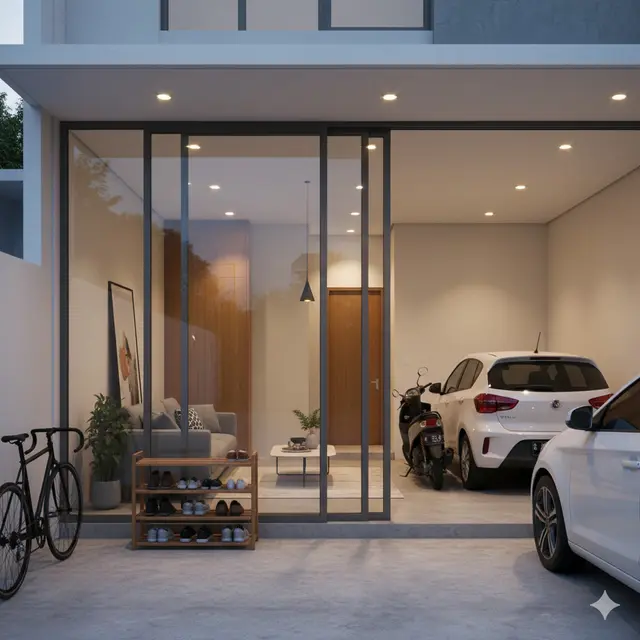 Teras Rumah Minimalis Menyatu Ruang Tamu dan Carport