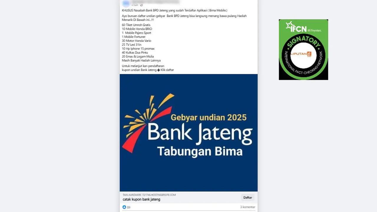 Tangkapan layar klaim link pendaftaran undian Bank Jateng yang beredar di Facebook.