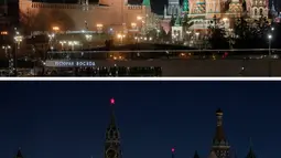 Foto kombinasi menunjukkan Kremlin sebelum (atas) dan selama Earth Hour di Moskow, Rusia, Sabtu (30/3). (REUTERS/Maxim Shemetov)