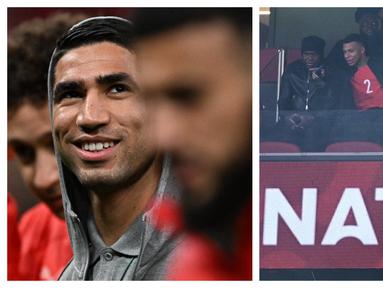 Pemain Real Madrid, Kylian Mbappe kedapatan menonton langsung laga Grup A Piala Afrika 2025 antara Maroko melawan Mali di Prince Moulay Abdellah Stadium, Rabat, Maroko, Jumat (26/12/2025) malam waktu setempat. (Foto Kolase: AFP/Gabriel Bouys)