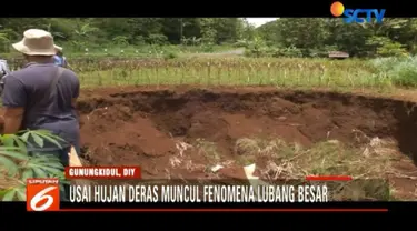 Dugaan sementara, amblesnya tanah ini disebabkan adanya rongga bawah tanah yang tergerus aliran sungai bawah tanah.