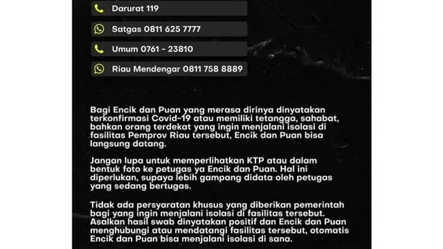Hotline Covid-19 yang bisa dihubungi warga Riau yang sedang isolasi mandiri di rumah.