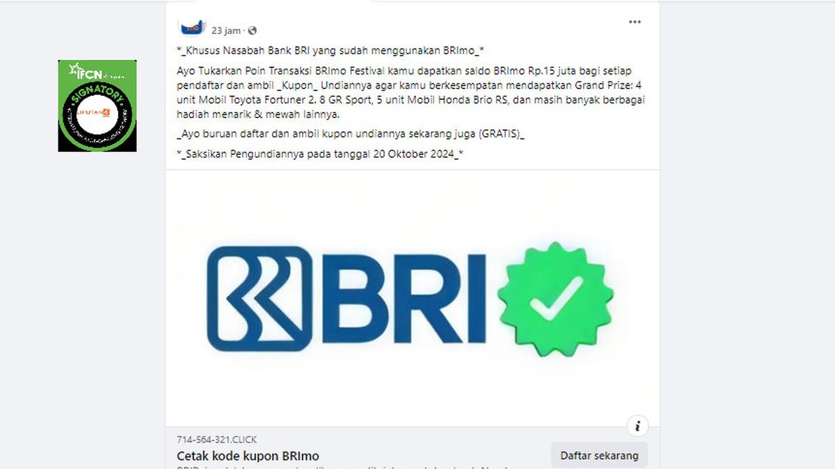 Cek Fakta: Tidak Benar BRI Bagikan Saldo Rp 1,5 Juta Lewat Pendaftaran Poin Transaksi BRImo Festival Ini Berita Viral Hari Ini Selasa 22 Oktober 2024