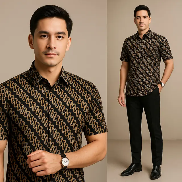 Model Baju Batik Pria Kombinasi Hitam/Ilustrasi oleh AI