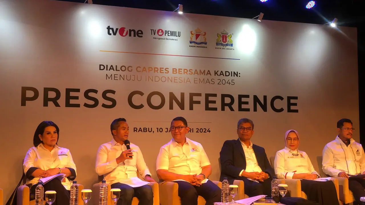 Konferensi Pers Dialog Capres Bersama Kadin: Menuju Indonesia Emas 2045, di Djakarta Teater – Lounge Area, Jakarta Pusat, Rabu (10/1/2024). (Tira/Liputan6.com)