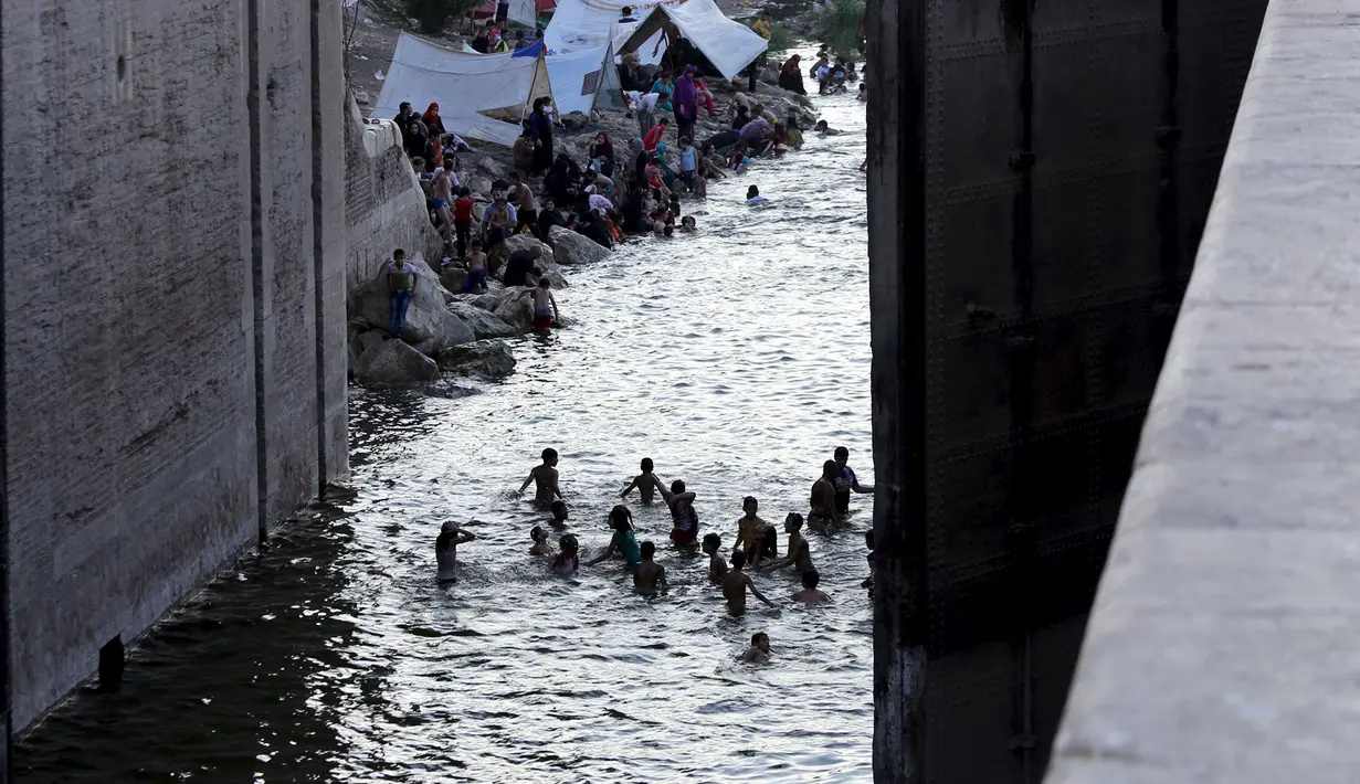Sejumlah warga berenang di sungai Nil untuk mendinginkan badannya, Kairo, Mesir, Rabu (12/8/2015). Gelombang panas yang melanda seluruh mesir telah menewaskan 61 orang dan 600 orang dirawat dirumah sakit.  (REUTERS/Mohamed Abd El Ghany)