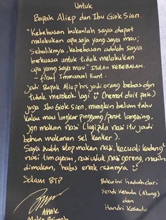 Surat Basuki Tjahaja Purnama (Ahok) untuk bapak Aliep dan Ibu Giok Sien yang memberikan saran untuk  tidak merokok dan makan nasi. (Instagram/@basukibtp)
