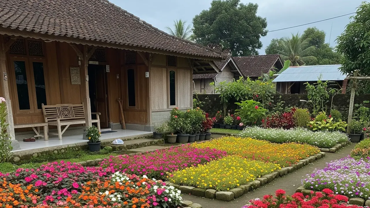 Rumah Sederhana dengan Taman Bunga di Desa