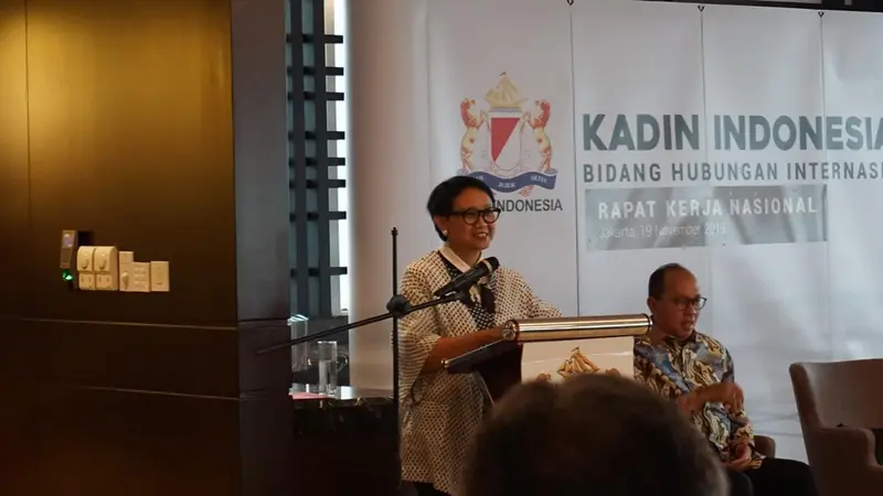 Menlu Retno dalam Rakernas Kadin pada Selasa, 19/11/2019.