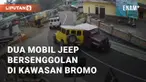 Senggolan terjadi antara 2 mobil Jeep di kawasan Bromo, Probolinggo. Terekam CCTV, dua mobil Jeep berjalan di jalan yang berbelok-belok