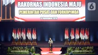 Presiden Joko Widodo memberikan pidato pada Rakornas Indonesia Maju antara Pemerintah Pusat dan Forum Koordinasi Pimpinan Daerah (Forkopimda) di Bogor, Jawa Barat, Rabu (13/11/2019). Forum ini untuk mensinergikan program-program pemerintah pusat dengan daerah. (Liputan6.com/Herman Zakharia)