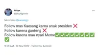 Alasan Netizen Follow Twitter Kaesang Pangarep Kocak. (Sumber: Twitter/@bbbrightvcr)